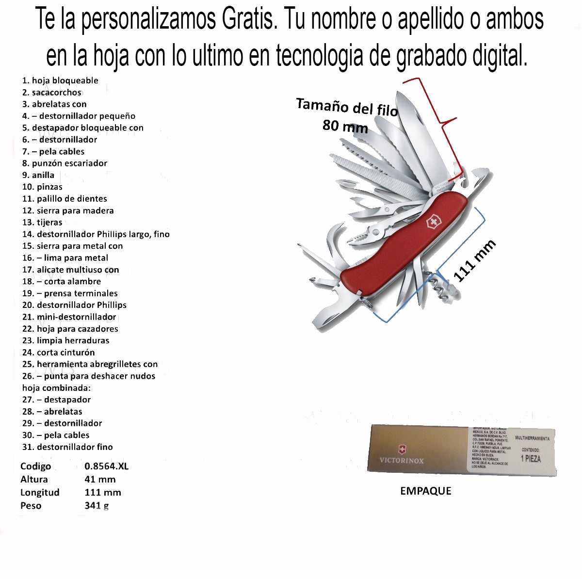 0.8564 - Navaja Suiza Victorinox Workchamp + Funda + Cordón